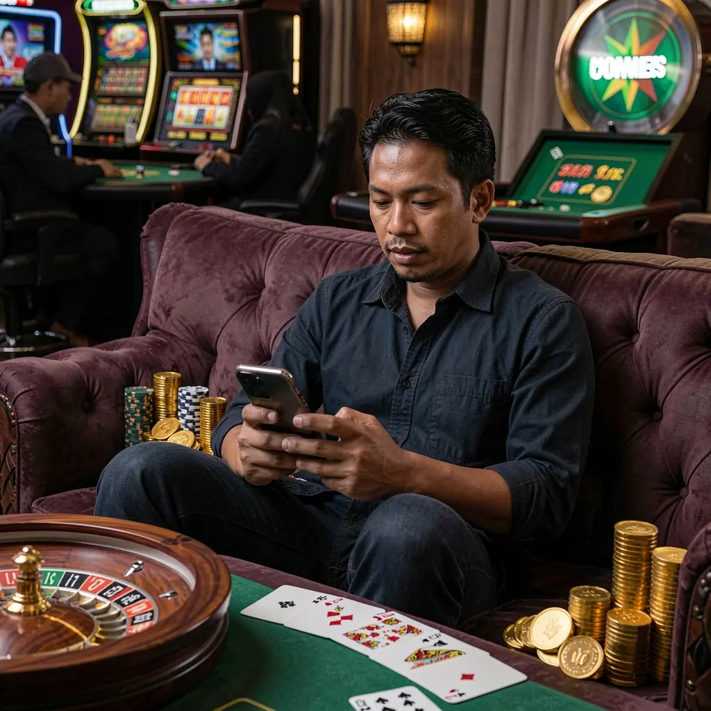 Philippine player relaxing on a sofa while using the BC JILI casino app with floating poker chips cards and roulette elements