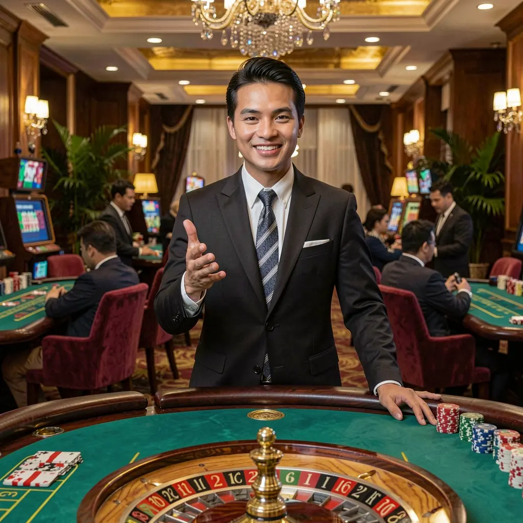 Professional live dealer at a modern casino table with colorful chips and a roulette wheel, highlighting the trusted BC JILI live casino experience for players in the Philippines