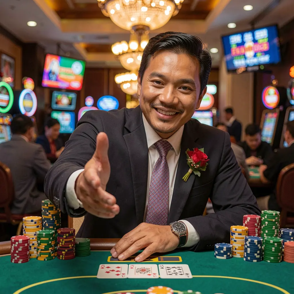 Friendly BC JILI casino ambassador extending his hand forward surrounded by glowing chips and casino lights inviting users to log in