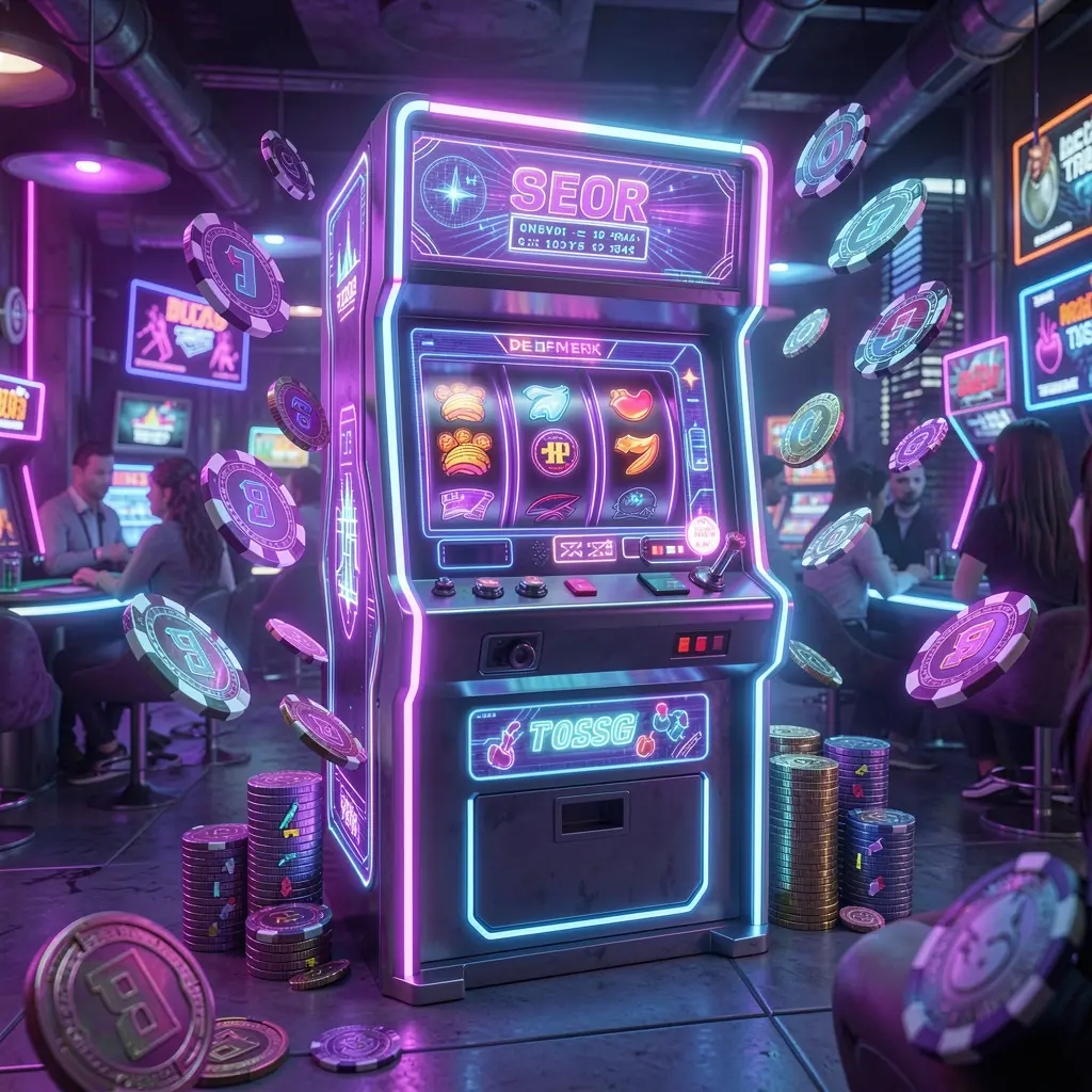 Futuristic slot machine with neon lights and flying coins showcasing the immersive online casino experience of BC JILI Slots for players in the Philippines